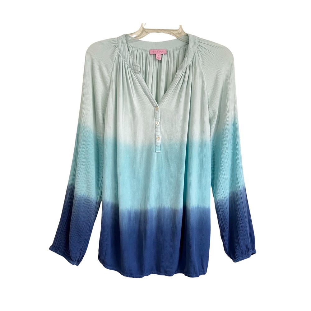 Lilly Pulitzer Elsa‎ Top Blue Indigo Ombre Gauze Long Sleeve Small EUC